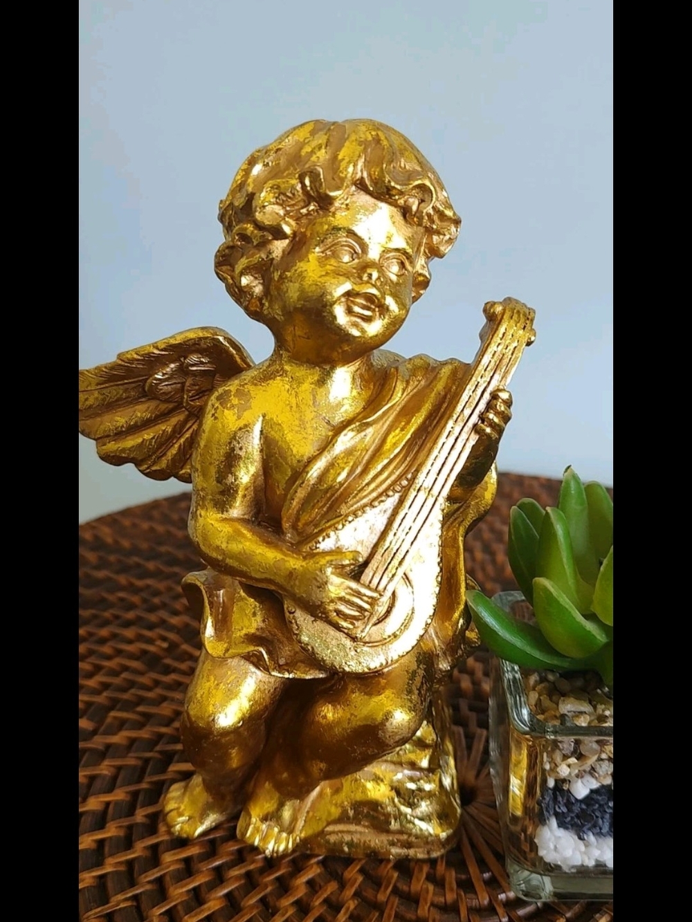 Gold Cherub Angel Figurine Playing Lute